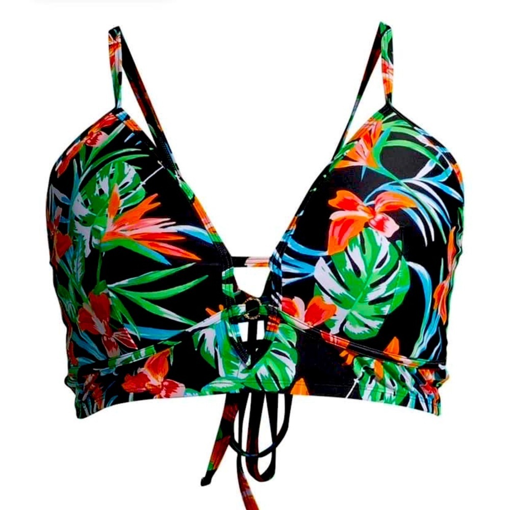 Time & Tru Tropical Triangle Longline Bikini Swim Top with Lace up Back